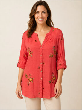 Figueroa & Flower Plus Size 2X Coral Button-Down Embroidered Tunic Top NWT